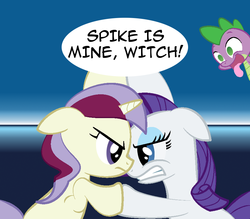 Size: 872x764 | Tagged: safe, moondancer (g1), rarity, spike, dragon, pony, unicorn, g1, g4, catfight, female, g1 to g4, generation leap, love triangle, male, ship:sparity, ship:spikedancer, shipping, spike gets all the mares, straight