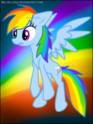 Size: 968x1288 | Tagged: safe, artist:selyelydis, rainbow dash, pegasus, pony, g4, abstract background, female, flying, mare, solo