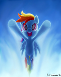Size: 2400x3000 | Tagged: safe, artist:porkchopsammie, rainbow dash, pegasus, pony, g4, female, flying, high res, it's coming right at us, solo