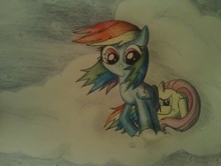 Size: 640x480 | Tagged: artist needed, source needed, safe, fluttershy, rainbow dash, g4, cloud, cloudy, duo, night, traditional art