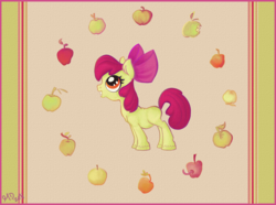 Size: 1108x826 | Tagged: safe, artist:maiasoara, apple bloom, earth pony, pony, g4, apple, choice, female, filly, food, grin, looking up, profile, smiling, solo, unshorn fetlocks