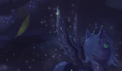 Size: 900x527 | Tagged: dead source, safe, artist:luna-sedata, princess luna, pony, g4, feather, female, night, solo