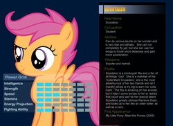 Size: 1100x800 | Tagged: safe, artist:pika-robo, scootaloo, g4, bio, profile, ultimate marvel vs capcom 3