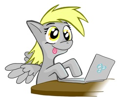 Size: 936x768 | Tagged: safe, artist:fimflamfilosophy, derpy hooves, pegasus, pony, g4, computer, female, laptop computer, simple background, smiling, solo, tongue out, white background