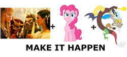 Size: 1479x676 | Tagged: safe, discord, pinkie pie, g4, exploitable meme, female, labyrinth, make it happen, male, meta, ship:discopie, shipping, straight