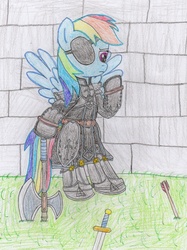 Size: 2216x2968 | Tagged: safe, artist:theculturewarrior, rainbow dash, g4, armor, arrow, axe, crossover, eyepatch, fire emblem, high res, sword