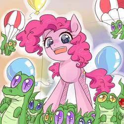 Size: 500x500 | Tagged: safe, artist:keterok, gummy, pinkie pie, alligator, earth pony, pony, g4, baby animals, balloon, parachute