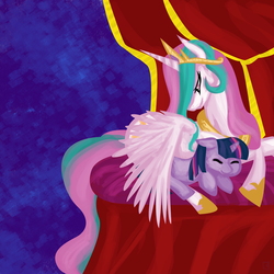 Size: 4800x4800 | Tagged: safe, artist:fauxsquared, princess celestia, twilight sparkle, g4, absurd resolution, happy, sleeping