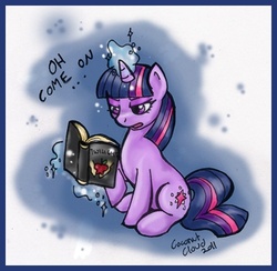 Size: 398x389 | Tagged: safe, artist:veritasket, twilight sparkle, pony, unicorn, g4, book, dialogue, female, glowing horn, horn, magic, mare, sitting, solo, telekinesis, twilight (series), unicorn twilight