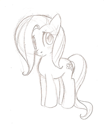 Size: 566x688 | Tagged: safe, artist:jessy, fluttershy, pony, g4, blushing, female, filly, filly fluttershy, head tilt, looking at you, monochrome, pencil drawing, simple background, sketch, solo, standing, three quarter view, traditional art, white background, wingless, younger
