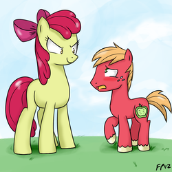 Size: 900x900 | Tagged: dead source, safe, artist:friezplay, apple bloom, big macintosh, earth pony, pony, g4, macro, male, micro, role reversal, size difference, stallion