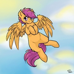 Size: 600x600 | Tagged: safe, artist:veritasket, scootaloo, pegasus, pony, g4, female, flying, happy, scootaloo can fly, solo