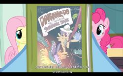 Size: 768x480 | Tagged: safe, screencap, fluttershy, pinkie pie, g4, read it and weep, letterboxing, youtube caption