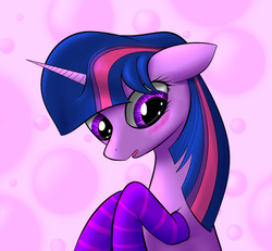 Size: 650x600 | Tagged: safe, artist:serenakks, twilight sparkle, pony, g4, blushing, clothes, female, mare, socks, solo, striped socks