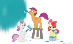 Size: 1920x1166 | Tagged: safe, artist:cobaltsnow, apple bloom, scootaloo, sweetie belle, earth pony, pegasus, pony, unicorn, g4, butt, cutie mark crusaders, female, filly, foal, mouth hold, painting, plot, scootabutt, simple background, transparent background