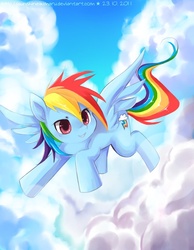 Size: 700x900 | Tagged: safe, artist:sunshineikimaru, rainbow dash, pegasus, pony, g4, cloud, cloudy, cute, dashabetes, female, flying, happy, mare, sky, solo, spread wings, wings