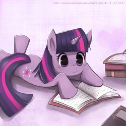 Size: 700x700 | Tagged: safe, artist:sunshineikimaru, twilight sparkle, pony, unicorn, g4, book, female, happy, horn, lying down, mare, prone, reading, smiling, solo, unicorn twilight