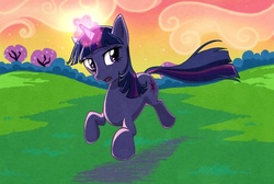 Size: 770x516 | Tagged: safe, artist:saphamia, twilight sparkle, pony, unicorn, g4, female, glowing horn, grass, grass field, horn, magic, mare, running, solo, unicorn twilight