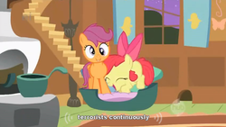 Size: 634x358 | Tagged: safe, screencap, apple bloom, scootaloo, g4, stare master, derp, ei, hub logo, terrorist, youtube caption