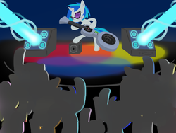 Size: 1600x1200 | Tagged: dead source, safe, artist:therelicofowls, dj pon-3, vinyl scratch, pegasus, pony, unicorn, g4, bass cannon, crowd, grin, guitar, stage