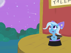 Size: 1600x1200 | Tagged: dead source, safe, artist:therelicofowls, trixie, pony, unicorn, g4, bow, cute, diatrixes, female, filly, filly trixie, hair bow, happy, hat, solo, stage, top hat, younger
