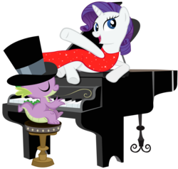 Size: 4031x3845 | Tagged: safe, artist:boneswolbach, rarity, spike, dragon, pony, unicorn, g4, clothes, dress, duo, duo male and female, female, hat, male, mare, musical instrument, open mouth, piano, red dress, simple background, top hat, transparent background