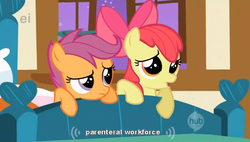 Size: 622x354 | Tagged: safe, screencap, apple bloom, scootaloo, g4, stare master, ei, hub logo, youtube caption