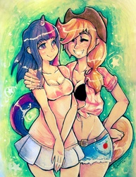 Size: 1040x1345 | Tagged: dead source, safe, artist:c10udburst, artist:c1oudburst, applejack, twilight sparkle, human, g4, belly button, bra, cleavage, clothes, female, front knot midriff, horn, horned humanization, humanized, lesbian, midriff, ship:twijack, shipping, skirt, tailed humanization, traditional art, underwear, wide hips