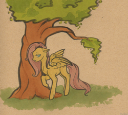 Size: 916x822 | Tagged: dead source, safe, artist:mumbles, fluttershy, pegasus, pony, g4, female, floppy ears, partially open wings, raised hoof, solo, tree, wings