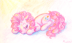 Size: 614x367 | Tagged: dead source, safe, artist:mumbles, pinkie pie, earth pony, pony, g4, bed mane, blushing, female, morning ponies, sleeping, solo, traditional art