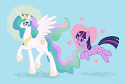 Size: 1136x765 | Tagged: safe, artist:mumbles, princess celestia, twilight sparkle, alicorn, pony, unicorn, g4, duo, female, lesbian, ship:twilestia, shipping, unicorn twilight