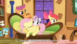 Size: 636x360 | Tagged: safe, edit, edited screencap, screencap, apple bloom, fluttershy, scootaloo, sweetie belle, pegasus, pony, g4, stare master, caption, ei, female, filly, foal, hub logo, mare, text, tongue out, youtube caption