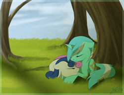 Size: 1950x1500 | Tagged: safe, artist:probablyfakeblonde, bon bon, lyra heartstrings, sweetie drops, earth pony, pony, unicorn, g4, cuddling, eyes closed, female, floppy ears, grass, lesbian, prone, ship:lyrabon, shipping, smiling, snuggling, tree