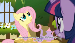 Size: 634x360 | Tagged: safe, screencap, fluttershy, twilight sparkle, g4, my little pony: friendship is magic, stare master, bill clinton, ei, hub logo, youtube caption