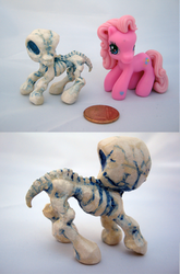 Size: 337x510 | Tagged: source needed, safe, artist:noel, pinkie pie (g3), oc, earth pony, pony, g3, customized toy, duo, irl, penny, penny for scale, photo, skeleton, toy