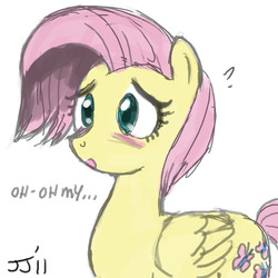 Size: 800x800 | Tagged: safe, artist:johnjoseco, fluttershy, pegasus, pony, g4, :o, alternate hairstyle, blushing, cute, female, mare, open mouth, short hair, shyabetes, signature, simple background, solo, talking, white background