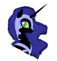 Size: 511x542 | Tagged: safe, artist:peachiekeenie, nightmare moon, alicorn, pony, g4, bust, ethereal mane, female, green eyes, helmet, looking at you, mare, peytral, portrait, slit pupils, solo, wrong eye color