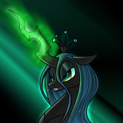 Size: 1104x1102 | Tagged: safe, artist:myhysteria, queen chrysalis, changeling, changeling queen, g4, crown, female, glowing, glowing horn, grin, horn, jewelry, regalia