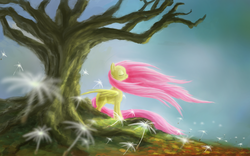 Size: 2000x1250 | Tagged: safe, artist:ifoldbooks, fluttershy, pony, g4, female, solo, tree, windswept mane