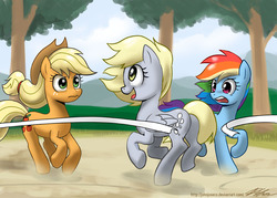 Size: 1000x714 | Tagged: safe, artist:johnjoseco, applejack, derpy hooves, rainbow dash, pegasus, pony, g4, butt, female, mare, plot, racing, trio