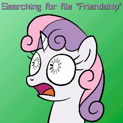 Size: 500x500 | Tagged: safe, sweetie belle, pony, robot, unicorn, g4, animated, bust, female, filly, foal, horn, loading, open mouth, portrait, solo, sweetie bot, text