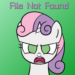 Size: 500x500 | Tagged: safe, sweetie belle, pony, robot, unicorn, g4, bust, female, filly, foal, hooves, horn, looking at you, open mouth, portrait, solo, sweetie bot, teeth, text