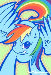 Size: 412x600 | Tagged: dead source, safe, artist:nakioutsuno, rainbow dash, pegasus, pony, g4, abstract background, female, mare, open mouth, signature, smiling, solo, spread wings, wings
