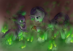 Size: 850x600 | Tagged: safe, artist:alloyrabbit, rarity, spike, g4, destruction, macro