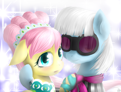 Size: 2500x1900 | Tagged: dead source, safe, artist:mlpanon, fluttershy, photo finish, earth pony, pegasus, pony, g4, green isn't your color, blushing, cute, duo, duo female, female, modelshy, shyabetes, stupid sexy fluttershy