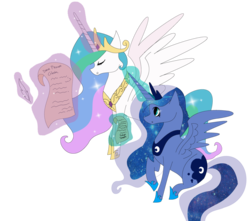 Size: 1024x905 | Tagged: safe, artist:floralcloud, princess celestia, princess luna, alicorn, pony, g4, duo, duo female, female, letter, mare, royal sisters, scroll, siblings, simple background, sisters, transparent background