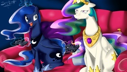 Size: 2900x1650 | Tagged: safe, artist:daughter-of-fantasy, princess celestia, princess luna, alicorn, pony, gamer luna, two best sisters play, g4, female, mare
