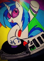 Size: 1076x1491 | Tagged: safe, dj pon-3, vinyl scratch, pony, unicorn, g4, bracelet, female, glowstick, hooves, horn, jewelry, mare, necklace, open mouth, rave, smiling, solo, sunglasses, turntable