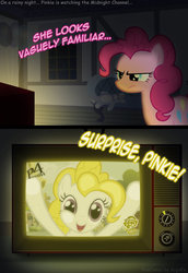 Size: 742x1077 | Tagged: safe, artist:kujaex, pinkie pie, surprise, g1, g4, crossover, g1 to g4, generation leap, parody, persona, persona 4