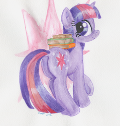 Size: 900x941 | Tagged: safe, artist:foxxy-arts, twilight sparkle, pony, unicorn, g4, book, butt, carrying, dock, female, looking back, mare, plot, smiling, solo, traditional art, underhoof, unicorn twilight